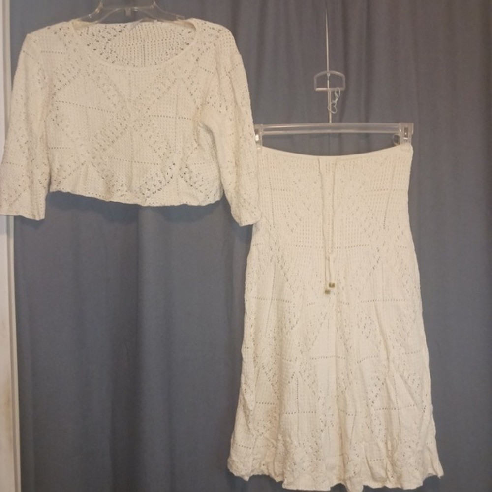 Viviane Furrier‎ Designer Crochet Knit Crop Top 3/4 Sleeve Skirt Set Cream Small